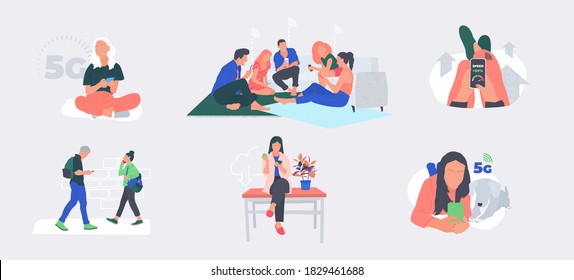 5g mobile bundle. People surfing the internet with high-speed wifi connection illustration. Modern technology for a comfortable millennial lifestyle. Man using a phone at home vector concept. 