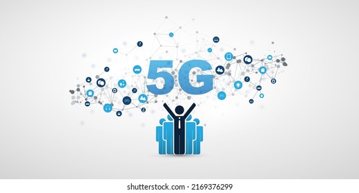 5G Mobile Cloud Computing, Internet of Thinghs and Networks Design Concept with Standing Happy Business Men and Icons - Digital IoT Network Connections, Technology Background
