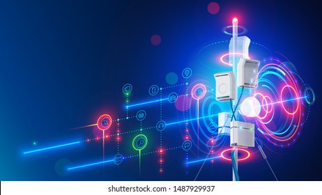 Torre de comunicação de internet móvel 5g da rede celular. Sinal de telecomunicações de transmissão de antena de banda larga sem fio. Mastro aéreo de conexão digital transmitindo dados em dispositivos portáteis.