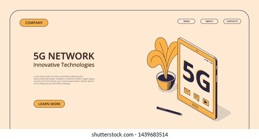 5G mobile network concept in isometric vector illustration - standing digital tablet with symbol of fifth high speed generation of wireless internet connection on web page template.