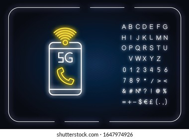 5G mobile network neon light icon. Improved standard for phone calls, voice messages. Outer glowing effect. Sign with alphabet, numbers and symbols. Vector isolated RGB color illustration