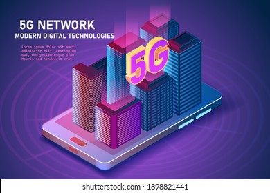 5G mobile network smart city isometric illustration