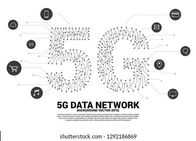 5G mobile networking from dot and line circuit board graphic style. Concept for mobile sim card technology and network.