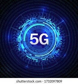 5G mobile networking from dot and line circuit board graphic style. Fifth innovative generation of the global high speed Internet broadband network. Big data binary code flow numbers vector concept.
