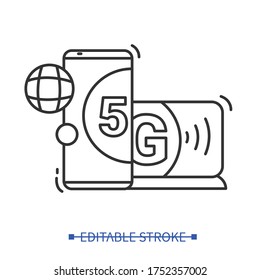 5g mobile signal icon. Digital technology, telecommunications and internet speed concept. Generation wireless web network global connection Information. Thin line vector illustration.Editable stroke
