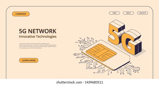 5G mobile telecommunications concept in isometric vector illustration - big symbol of fifth high speed generation of wireless internet connection standing near sim card with microelectronics network.