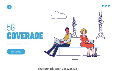 5G Concepto Moderno De Tecnología De Internet. Página de inicio del sitio web. Hombre y mujer usan tecnología de Internet de alta velocidad para la comunicación y los gadgets. Ilustración de vectores de esquema lineal de caricatura