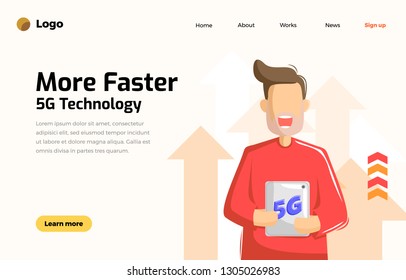 5G more faster technology for future with man holding a gadget. Concept flat people characters vector illustration for business.