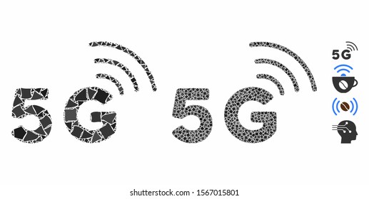 5G mosaic of unequal elements in variable sizes and color tones, based on 5G icon. Vector inequal elements are organized into collage. 5G icons collage with dotted pattern.