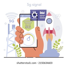 5G network architect concept. 5G wireless network equipment development and construction. Modern wireless technology for faster internet connectivity. Flat vector illustration