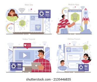 5G network architect online service or platform set. 5G wireless network equipment development and construction. Online forum, video tutorial, mobile app, website. Flat vector illustration