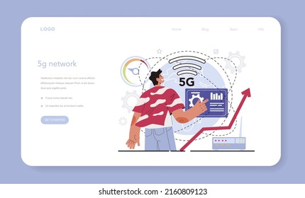 5G network architect web banner or landing page. 5G wireless network equipment development and construction. Modern wireless technology for faster internet connectivity. Flat vector illustration