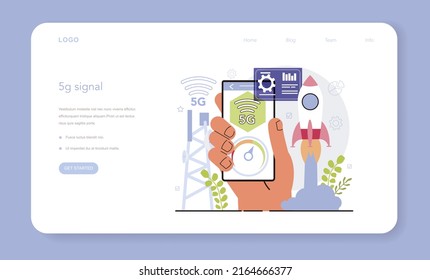 5G network architect web banner or landing page. 5G wireless network equipment development and construction. Modern wireless technology for faster internet connectivity. Flat vector illustration