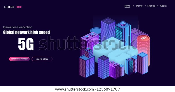 5G network city. Smart city and\
telecommunication network concept.  .vector illustration. Isometric\
city set of violet colors 3d building\
modern
