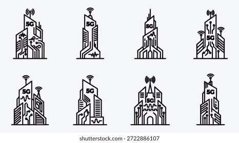 5G network cityscape icons with wireless towers and connectivity symbols on buildings modern urban technology