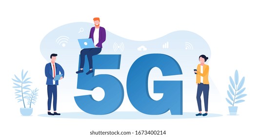 5G network concept with business people on digital devices with a laptop, mobile phone and tablet and central text, vector illustration