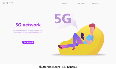 5G network concept. Cartoon character uses fast mobile internet lte. Wireless technology vector illustration. Global network technology concept use for business web template or mobile app. Vector