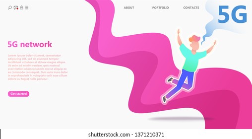 5G network concept. Cartoon character uses fast mobile internet lte. Wireless technology vector illustration. Global network technology concept use for business web template or mobile app. Vector