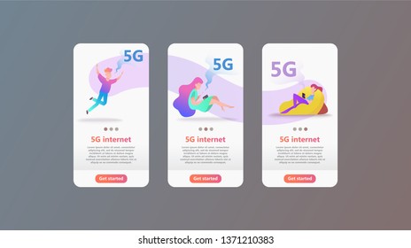 5G network concept. Cartoon character uses fast mobile internet lte. Wireless technology vector illustration. Global network technology concept use for business web template or mobile app. Vector