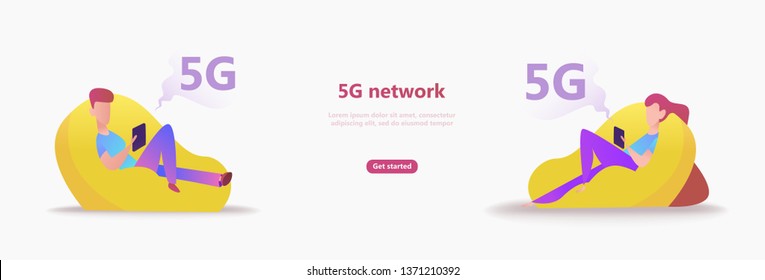 5G network concept. Cartoon character uses fast mobile internet lte. Wireless technology vector illustration. Global network technology concept use for business web template or mobile app. Vector