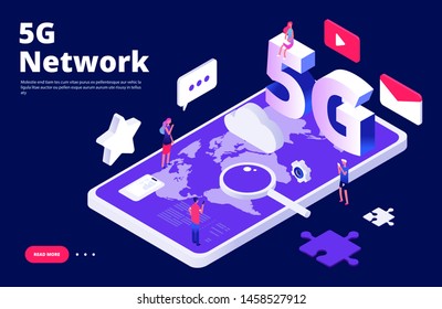5g network concept. Global 5G wireless Internet landing page. Vector 5th generation connection isometry, connect illustration