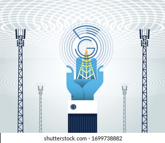 5G network concept_Fifth generation mobile communications. The antenna(telecommunication tower) and the word "5G" is placed above the businessman's palm. Industry 4.0, Smart factory, IOT, AI, Big data