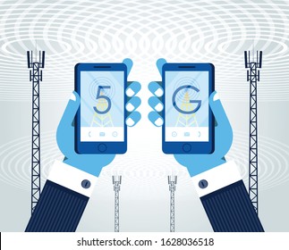 5G network concept_The word "5G", smart phone and antenna. Fifth generation mobile communications,  high-speed mobile Internet, 5G standard of modern signal transmission technology. Wireless network.