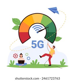 Impulso de la conexión de red 5G, Internet de alta velocidad, servicio wifi. La gente pequeña tira de la flecha del velocímetro del círculo para limitar en escala para aumentar ancho de banda de Ilustración vectorial lenta a rápida de la historieta