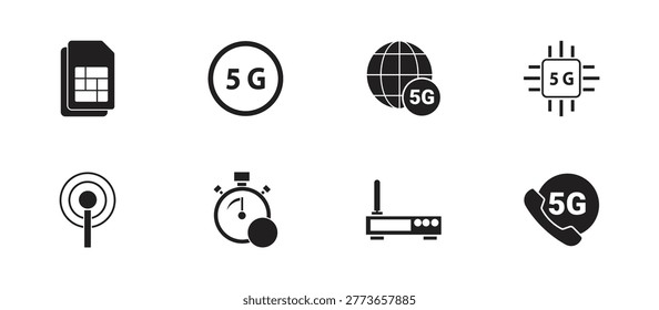 5G Network Connectivity Icons Set with Signal Tower SIM Card Microchip and Global Internet Technology Symbols