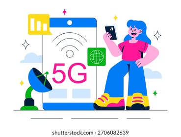 5G Network Connectivity Wireless Technology Vector Illustration Featuring Transmitter Tower Providing High-Speed Mobile Internet Communication