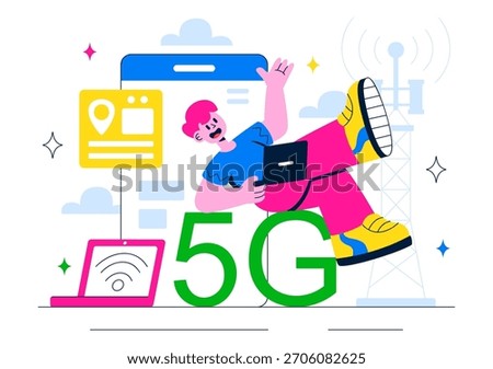 5G Network Connectivity Wireless Technology Vector Illustration Featuring Transmitter Tower Providing High-Speed Mobile Internet Communication