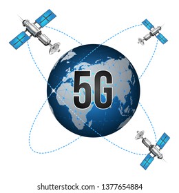 5G network connects satellites around the earth. Abstract concept global 5g web connect and communications. Vector illustration.