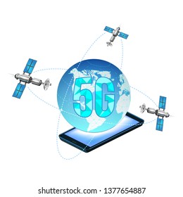 5G network connects satellites around the earth. Abstract concept global 5g web connect and communications in a phone. Vector illustration.