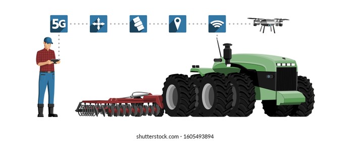5G network for control autonomous agriculture machines. Smart farming 4.0. Vector illustration