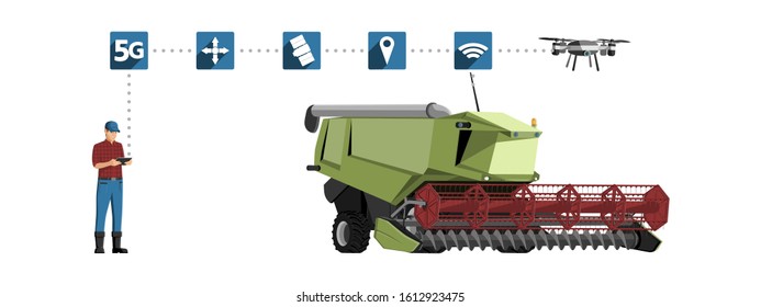 5G network for control autonomous agriculture machines. Smart farming 4.0. Vector illustration