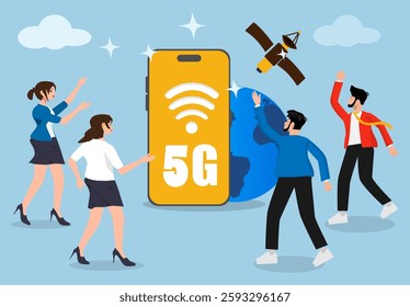 5G network, a group of business people introduce the latest technology, the fastest network and 5g network