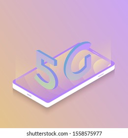 5G network - high speed mobile Internet, wireless technology vector illustration. Isometric concept with phone and big letters 5g. 