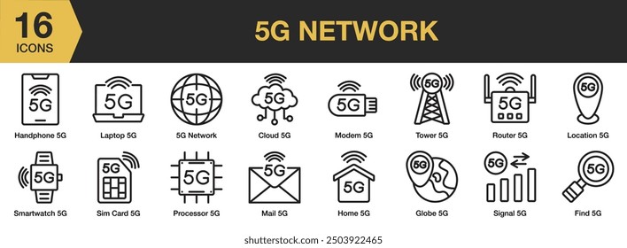 5G Network icon set. Includes cloud 5g, laptop, location, find 5g, modem 5g, and More. Outline icons vector collection.
