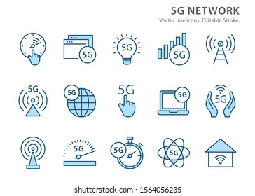 5g network icons, such as signal, wifi, antenna, radio, and more. Vector illustration isolated on white. Editable stroke.