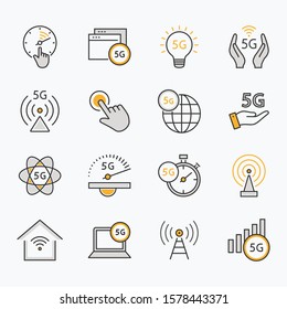 5g network icons, such as wireless, signal, wifi, broadcast, traffic and more. Vector illustration isolated on white. Editable stroke.