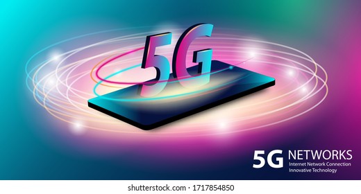 5G-Netz. Innovative Generation der globalen Hochgeschwindigkeits-Internetverbindung. Neue WLAN-Verbindung. Leuchtender, abstrakter Neon-Hintergrund. Vektorillustration.