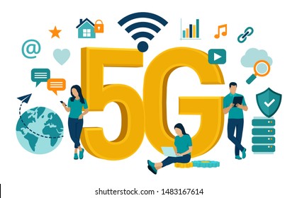 Concepto de tecnología móvil de Internet en red 5G. Sistemas inalámbricos 5G e Internet de cosas . Internet móvil de alta velocidad. Usando dispositivos digitales modernos. Ilustración vectorial con iconos y caracteres.