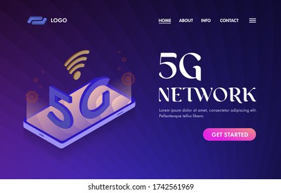 5G Network isometric UI UX vector web template for website header, banner, slider, landing page. Wireless global mobile system with high speed network, internet connection. Smartphone and 5G symbol