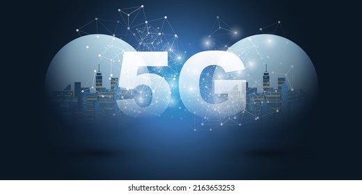 5G Network Label with Cityscapes Inside of Globes - Dark Blue Background, High Speed Broadband Mobile Telecommunication and Wireless Internet Design, New Cutting Edge Global Mobile Technology Concept