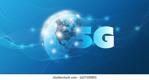 5G Network Label with Earth Globe and World Map Background - High Speed, Broadband Mobile Telecommunication and Wireless Internet Design Concept