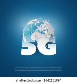 5G Network Label with Earth Globe - High Speed Global Broadband Mobile Telecommunication and Wireless Internet Design Concept