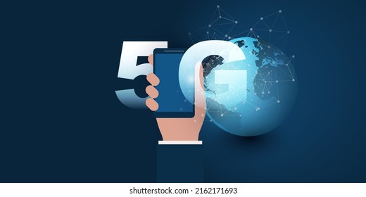 5G Network Label with Earth Globe and Smart Phone in Businessman's Hand -  Technology Background, High Speed, Broadband Mobile Business and Telecommunication and Wireless Internet Design Concept