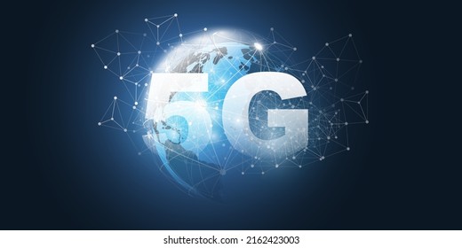 5G Network Label with Earth Globe and Polygonal Mesh Background - High Speed, Broadband Mobile Telecommunication and Wireless Internet Design, Cutting Edge Global Mobile Technology Concept
