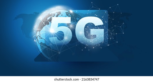 5G Network Label with Earth Globe, World Map, Laptop Symbol and Polygonal Mesh Background-High Speed, Broadband Mobile Telecommunication and Wireless Internet Design,Cutting Edge Technolgy Concept
