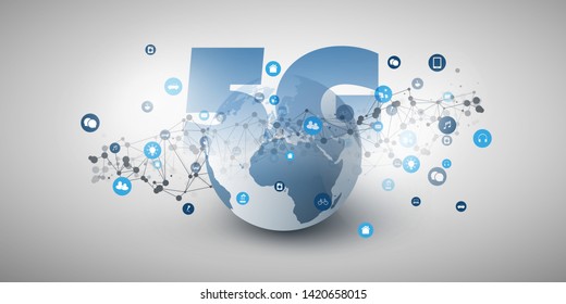 Etiqueta de rede 5G em frente ao Earth Globe - conceito de design de Internet sem fio, telecomunicações móveis de banda larga e alta velocidade com globo terrestre e ícones